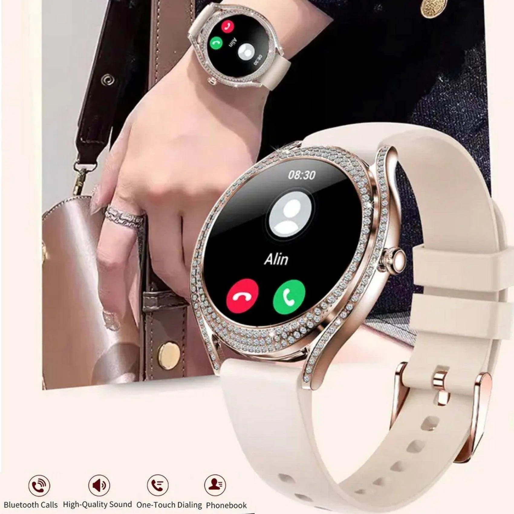 TUTT V66 AMOLED Women Smart Watch  1.28” Blood Oxygen Fitness Tracker | Always On Display | 150 cubic Zirconia | Two Straps (Silicone and Metal)