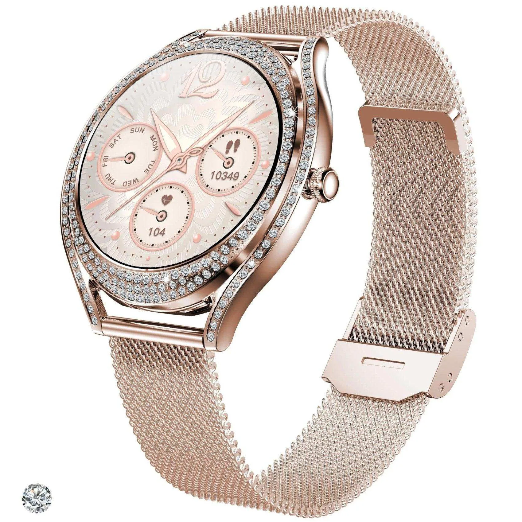 TUTT V66 AMOLED Women Smart Watch  1.28” Blood Oxygen Fitness Tracker | Always On Display | 150 cubic Zirconia | Two Straps (Silicone and Metal)