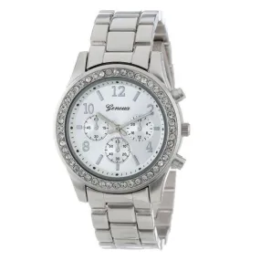 Willby Women Silver Geneva Faux Chronograph Classic Round Ladies Crystals Quart Wrist Watch 161213 Drop Shipping