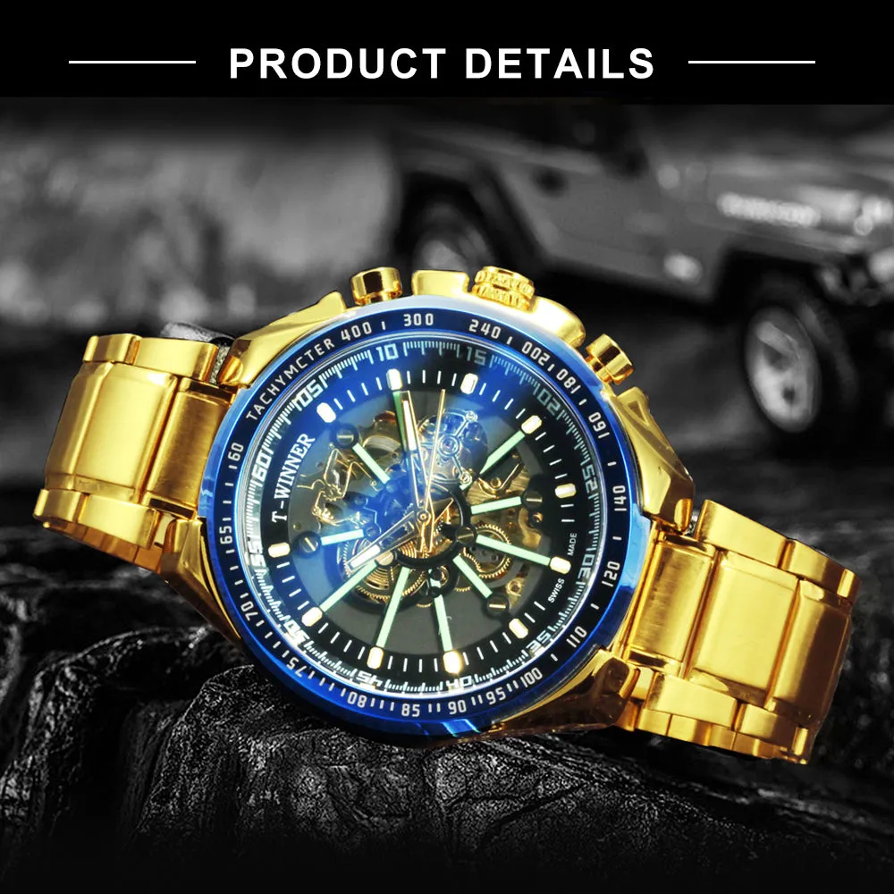 WINNER Brand Top Luxury Automatic Mechanical Watch Men Skeleton Dial Blue Mirror Case Fashion Military Wristwatches Stainless Steel Strap Clock