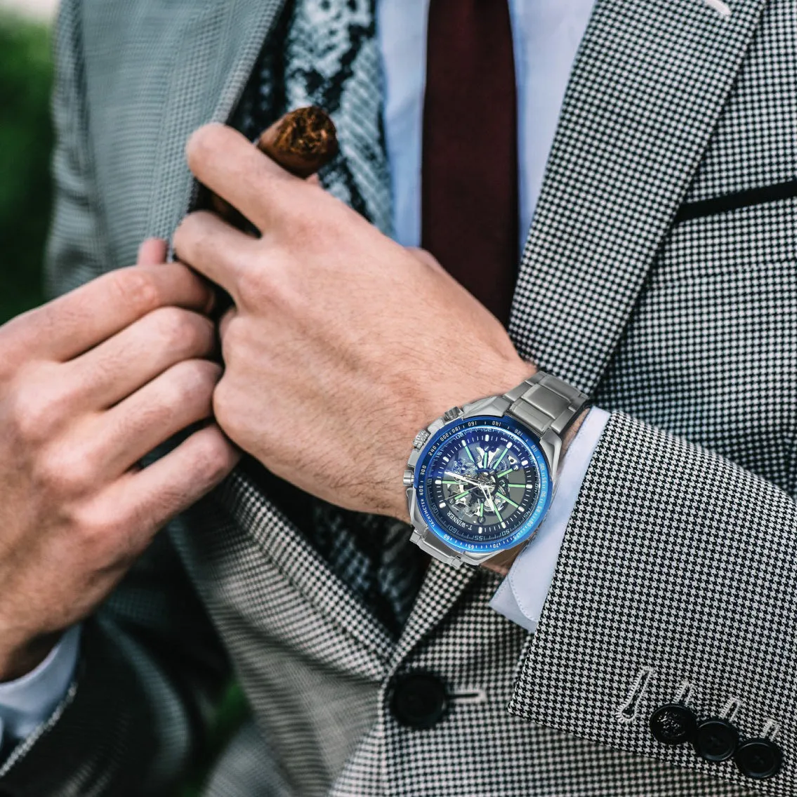 WINNER Brand Top Luxury Automatic Mechanical Watch Men Skeleton Dial Blue Mirror Case Fashion Military Wristwatches Stainless Steel Strap Clock