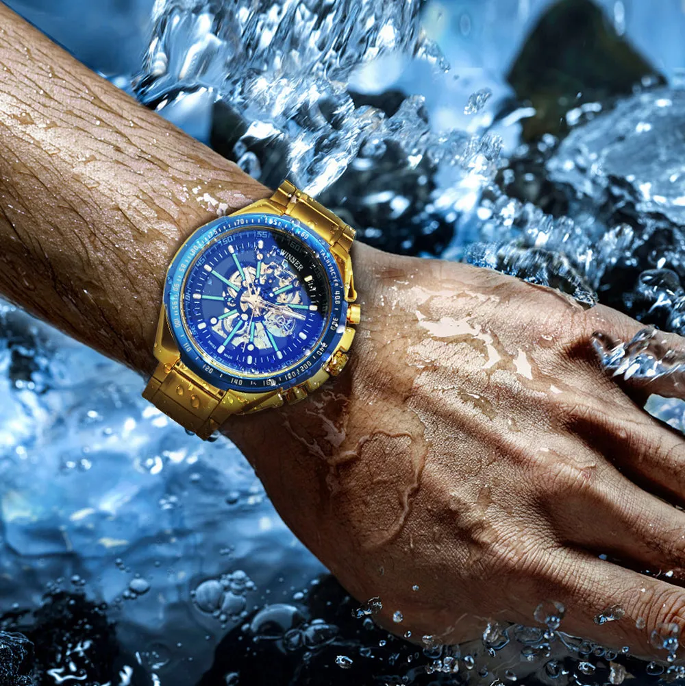 WINNER Brand Top Luxury Automatic Mechanical Watch Men Skeleton Dial Blue Mirror Case Fashion Military Wristwatches Stainless Steel Strap Clock