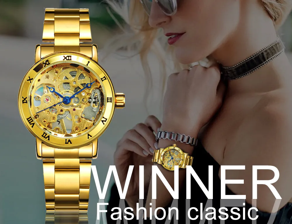 WINNER Official Women Watches Top Luxury Skeleton Mechanical Watch Simple Casual Clock Steel Strap Elegant Dress Lady Wristwatch