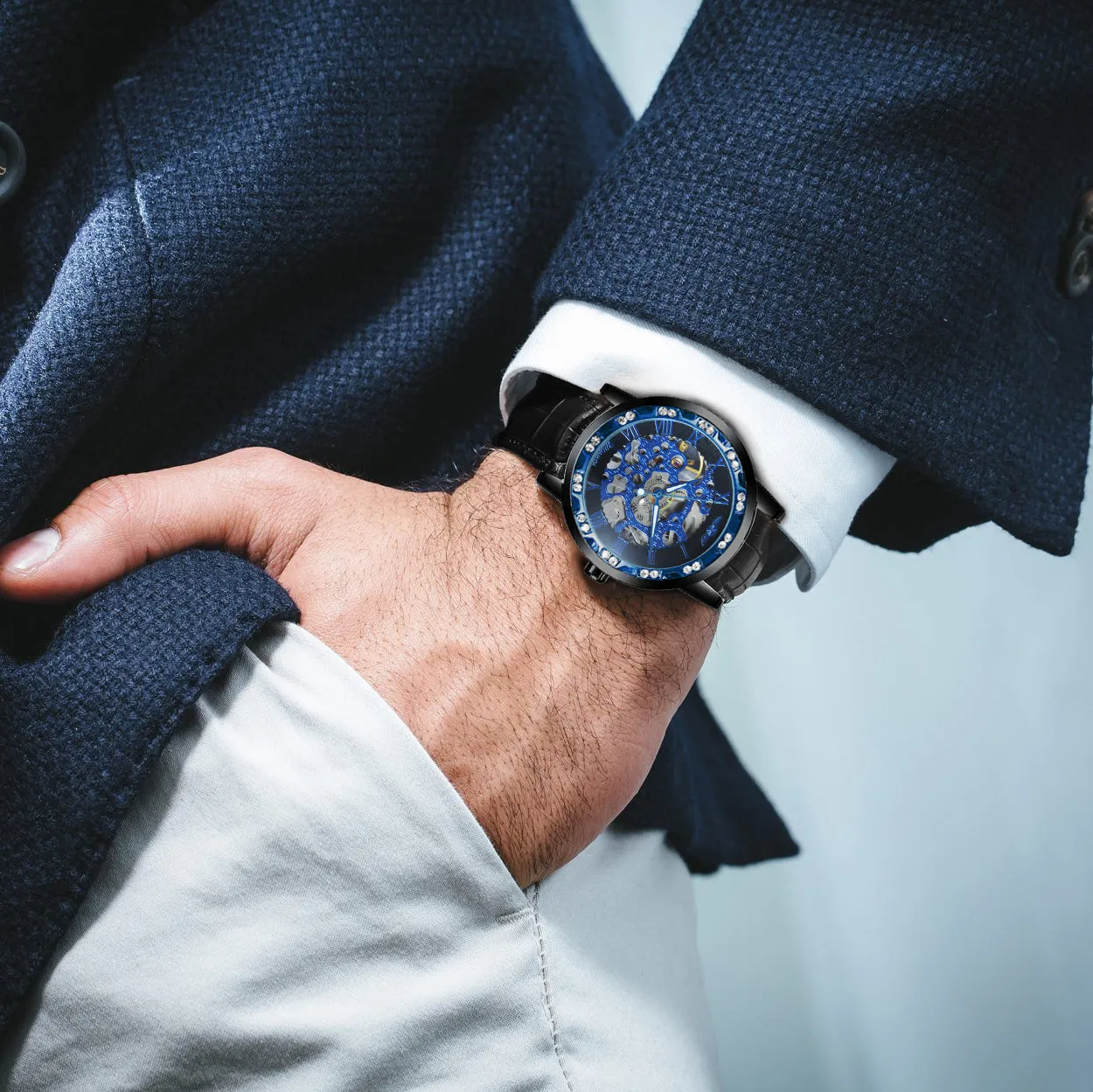 WINNER Watch Men Classic Business Hand-wind Mechanical Watch Black Leather Strap