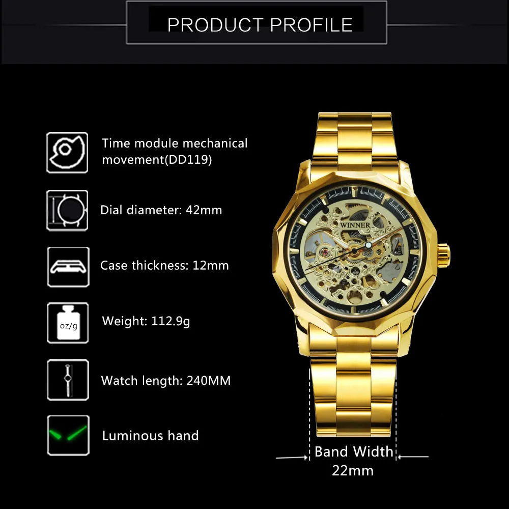 WINNER Watch Men's Luminous Automatic Mechanical Watch Fashion Stainless Steel Watch